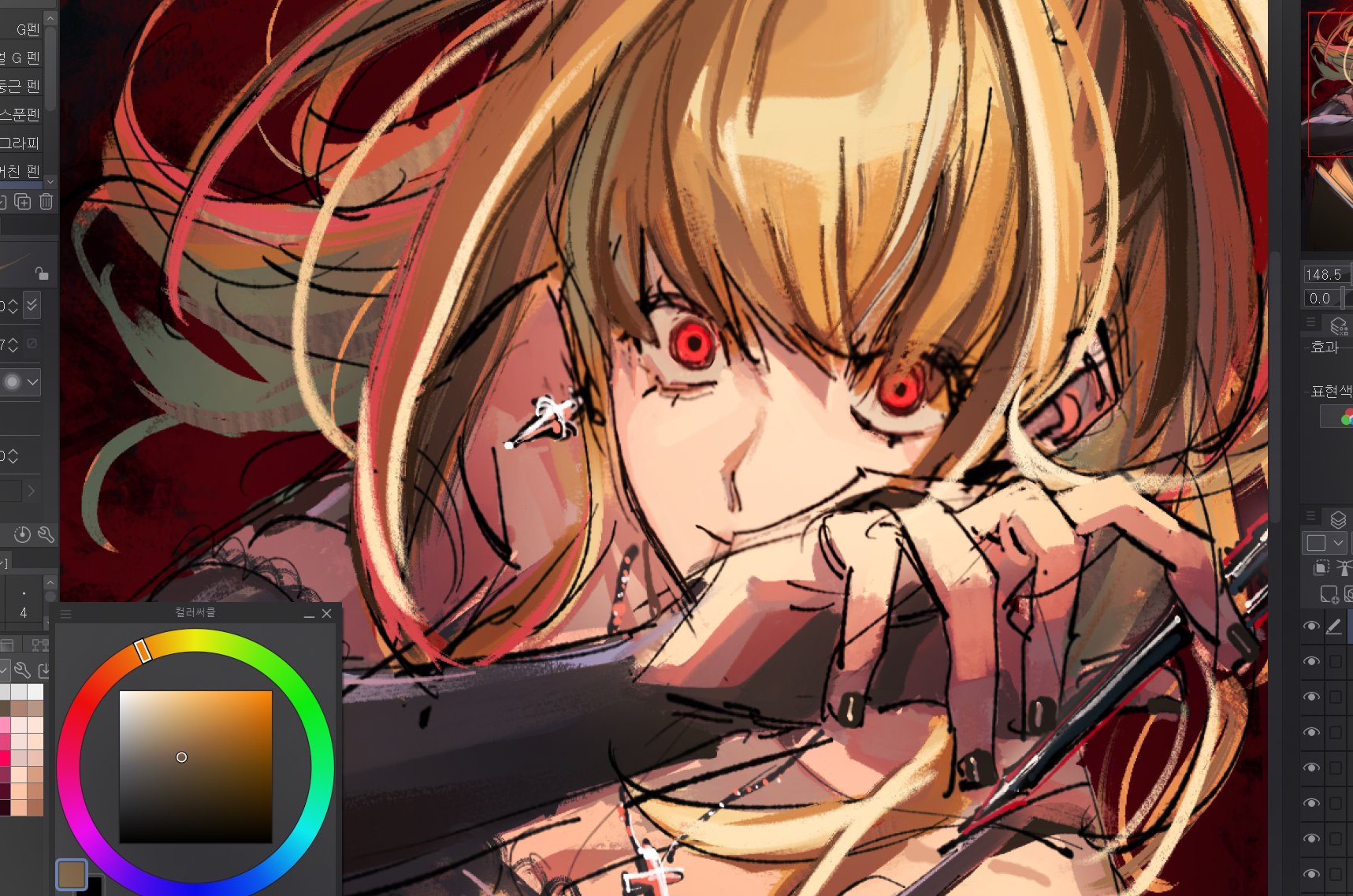 amane misa, death note, commentary request, highres, korean commentary, unfinished, 1girl, art program in frame, black nails, blonde hair, earrings, gamppan9, holding, holding pen, jewelry, long hair, pen, red eyes, solo