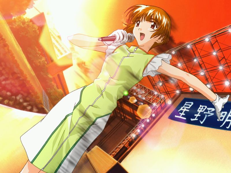 hosaka miyuki, hoshino asuka, sentimental graffiti, 1990s (style), brown eyes, brown hair, concert, gloves, microphone, music, retro artstyle, short hair, singing, solo
