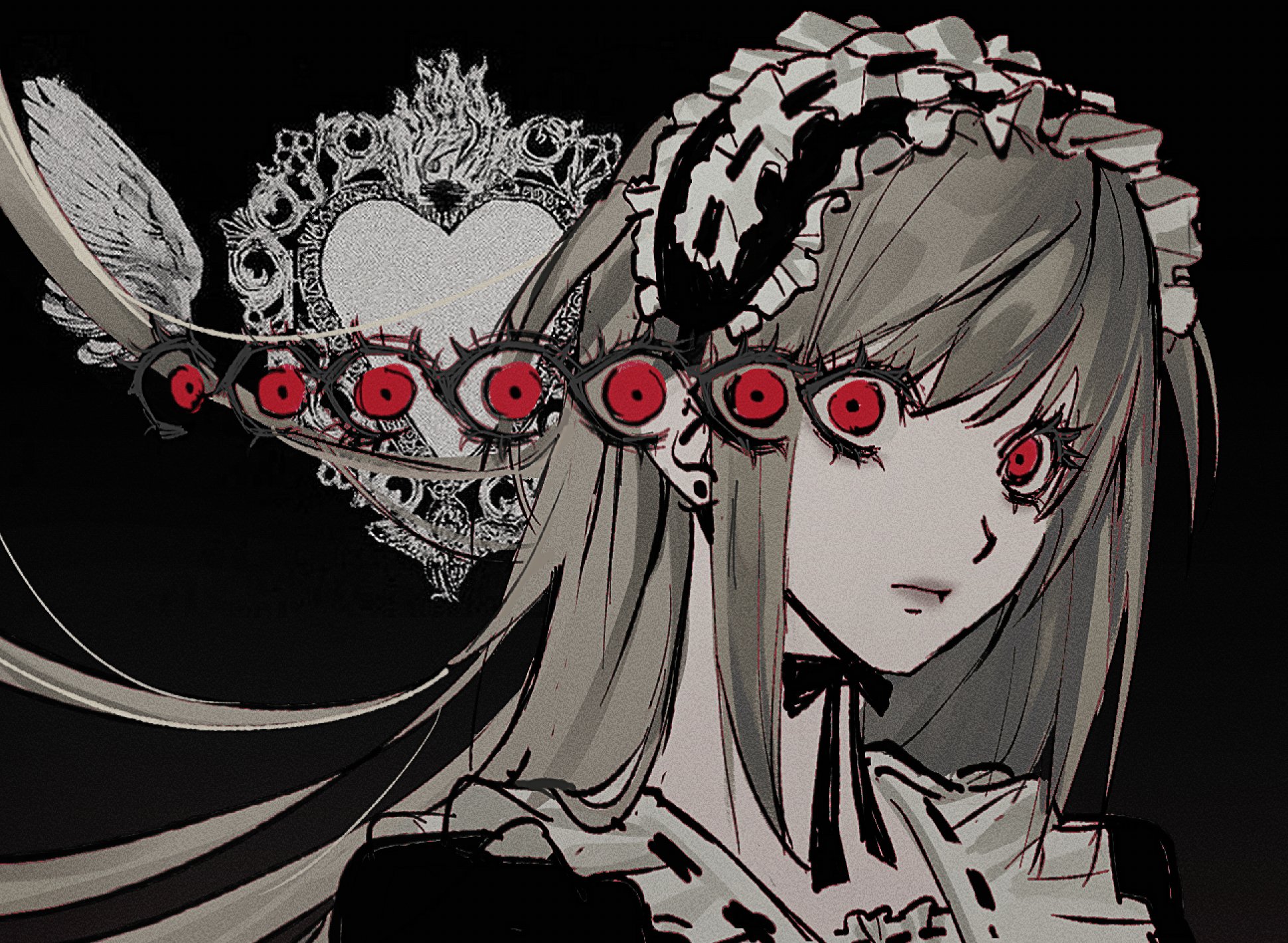 amane misa, death note, commentary, highres, korean commentary, 1girl, black background, blonde hair, earrings, frills, gamppan9, headdress, heart, jewelry, long hair, looking at viewer, red eyes, solo, wings