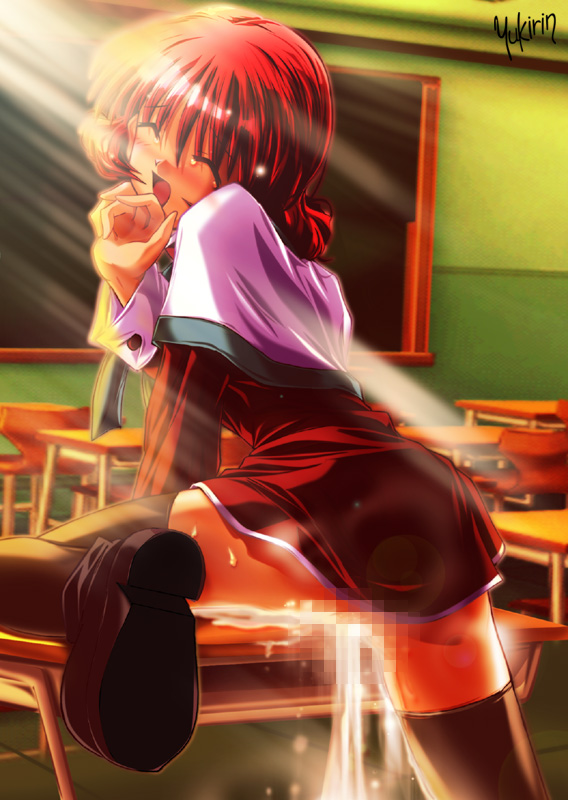 yukirin, amano mishio, kanon, third-party edit, 1girl, censored, closed eyes, crotch rub, desk, excessive pussy juice, female ejaculation, female focus, female masturbation, lens flare, masturbation, mosaic censoring, pussy juice, red hair, red skirt, school uniform, serafuku, skirt, solo, table humping, thighhighs, zettai ryouiki