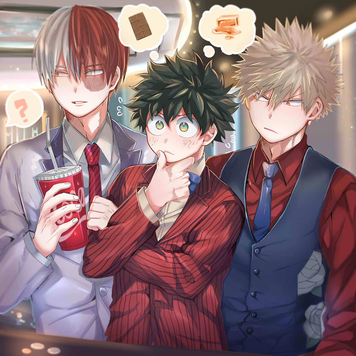 mikan (artist), bakugou katsuki, midoriya izuku, todoroki shoto, boku no hero academia, coca-cola, highres, 3boys, ?, aqua eyes, black necktie, black vest, blonde hair, blue bow, blue bowtie, blush, bow, bowtie, candy, chocolate, chocolate bar, collared shirt, crossed arms, cup, disposable cup, drinking straw, food, freckles, frown, furrowed brow, green eyes, green hair, grey jacket, hair between eyes, hand on own chin, heterochromia, holding, holding cup, image in thought bubble, indoors, jacket, looking at another, male focus, movie theater, multicolored hair, multiple boys, necktie, parted lips, pinstripe jacket, pinstripe pattern, red eyes, red hair, red necktie, red shirt, scar, scar across eye, scar on face, shirt, short hair, spiked hair, spoken question mark, suit jacket, sweatdrop, thinking, two-tone hair, upper body, vest, waistcoat, white hair, white shirt