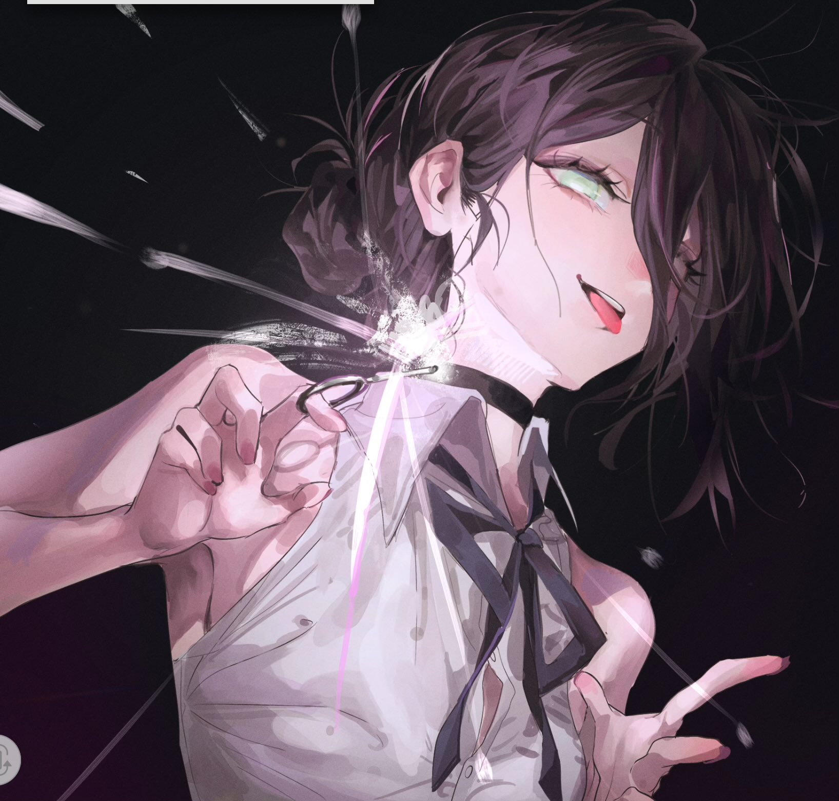 sycisycii, reze (chainsaw man), chainsaw man, highres, 1girl, black choker, black hair, black ribbon, breasts, choker, collared shirt, green eyes, grenade pin, hair bun, neck ribbon, ribbon, shirt, sleeveless, sleeveless shirt, small breasts, solo, teeth, tongue, tongue out, upper teeth only, white shirt