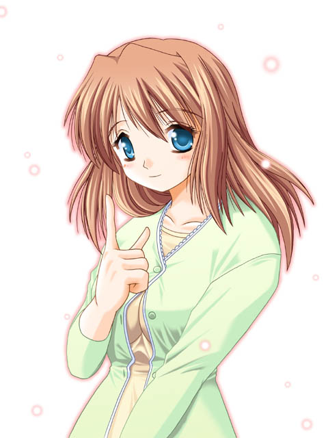 keito (keito-ya), yukizakura himeno, komorebi no namikimichi, archived source, commentary request, 1girl, 2000s (style), aqua eyes, blush, breasts, brown hair, closed mouth, collarbone, crew neck, dated commentary, green jacket, green sleeves, jacket, lace-trimmed jacket, light particles, long hair, long sleeves, looking at viewer, medium breasts, narrow waist, nose, partially open jacket, partially unbuttoned, pointing, pointing up, retro artstyle, shirt, smile, solo, unbuttoned jacket, upper body, white background, yellow shirt