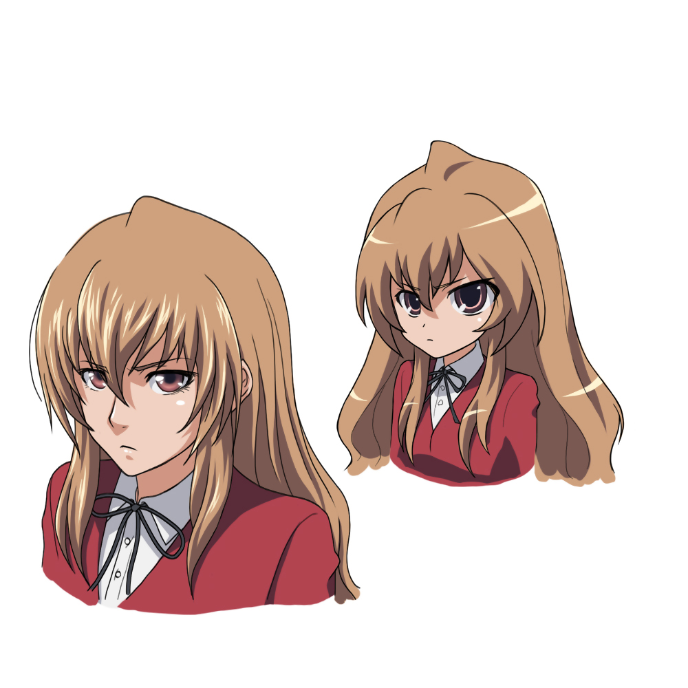 aisaka taiga, toradora!, 1girl, aged up, brown eyes, brown hair, comparison, female focus, long hair, parody, school uniform, simple background, solo, style parody, white background