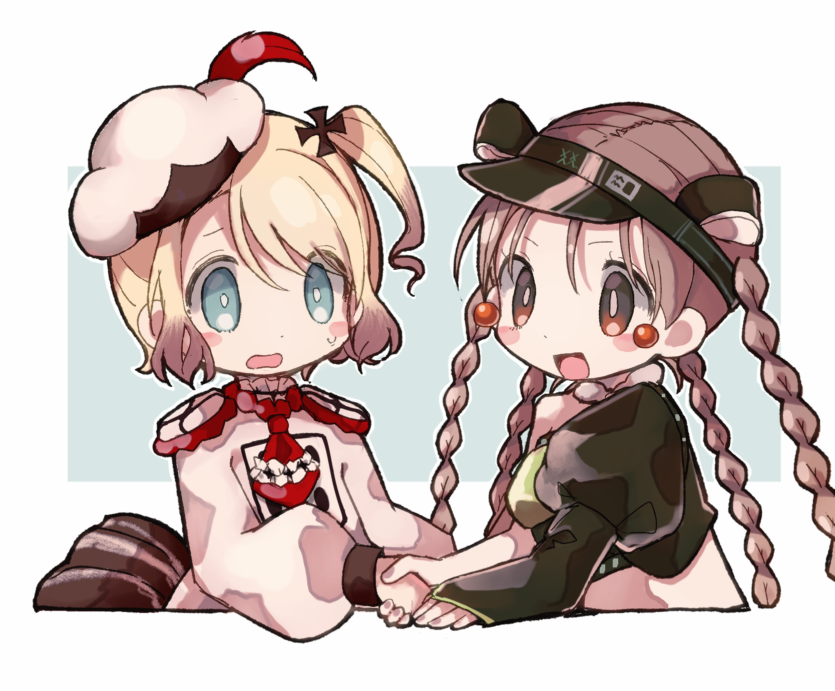 butter run, 7753, pechika (mahoiku), mahou shoujo ikusei keikaku, mahou shoujo ikusei keikaku limited, mahou shoujo ikusei keikaku restart, highres, 2girls, aqua eyes, blonde hair, blush, braid, feathered hat, grey eyes, hair ornament, handshake, hat, holding hands, magical girl, multiple braids, multiple girls, short hair, smile