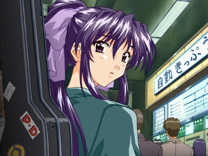 matsuoka chie, sentimental graffiti, 1990s (style), guitar case, instrument case, long hair, map, ponytail, retro artstyle, solo, subway map, train station