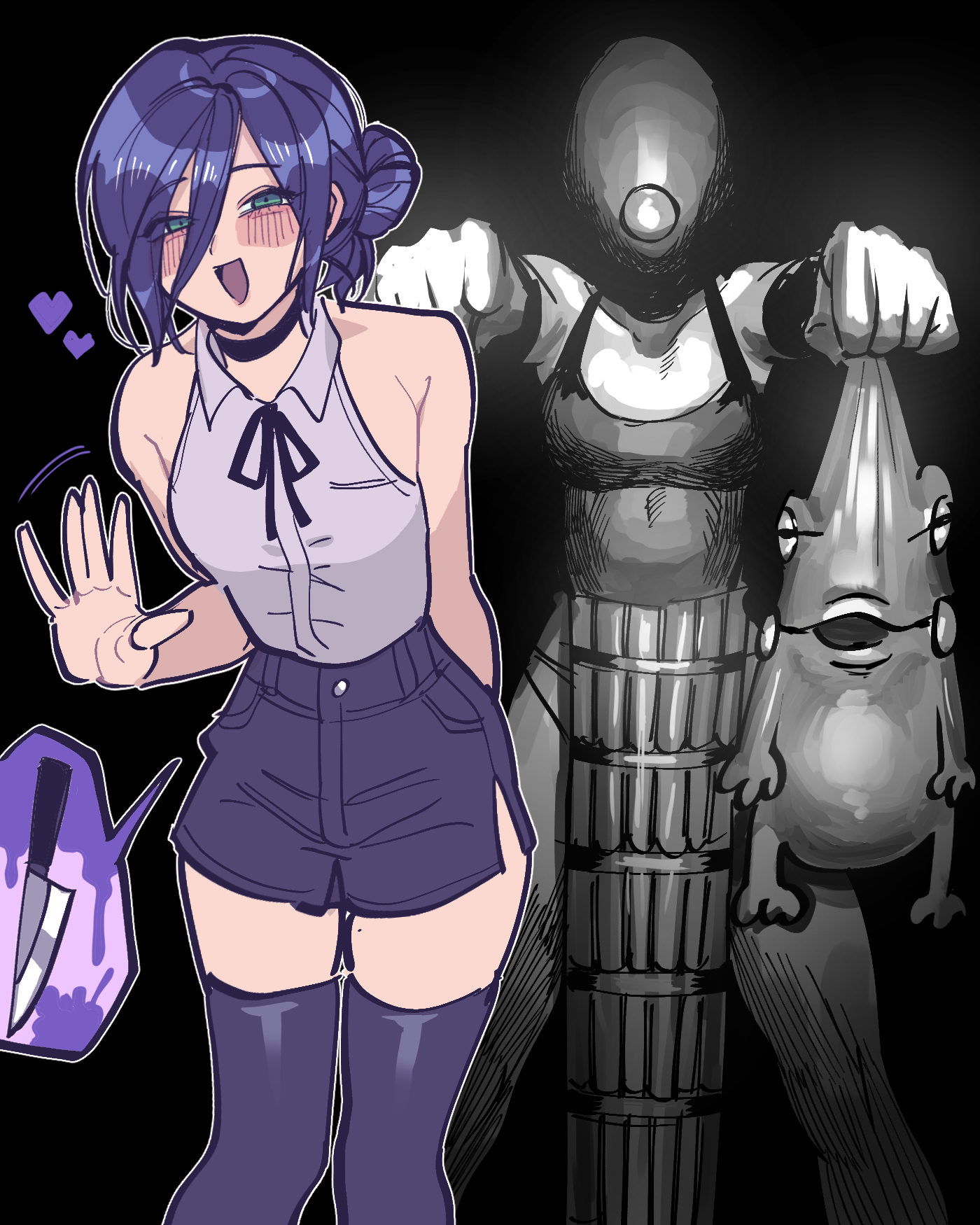 margare, bomb devil (chainsaw man), reze (chainsaw man), chainsaw man, commentary, highres, symbol-only commentary, 2girls, :d, animal, apron, black choker, breasts, choker, dynamite, explosive, green eyes, grey shirt, hair between eyes, hair bun, heart, holding, holding animal, holding frog, image in speech bubble, knife, multiple girls, open mouth, panties, purple hair, purple shorts, purple thighhighs, shirt, shirt tucked in, short shorts, shorts, sleeveless, sleeveless shirt, small breasts, smile, thighhighs, underwear, waving