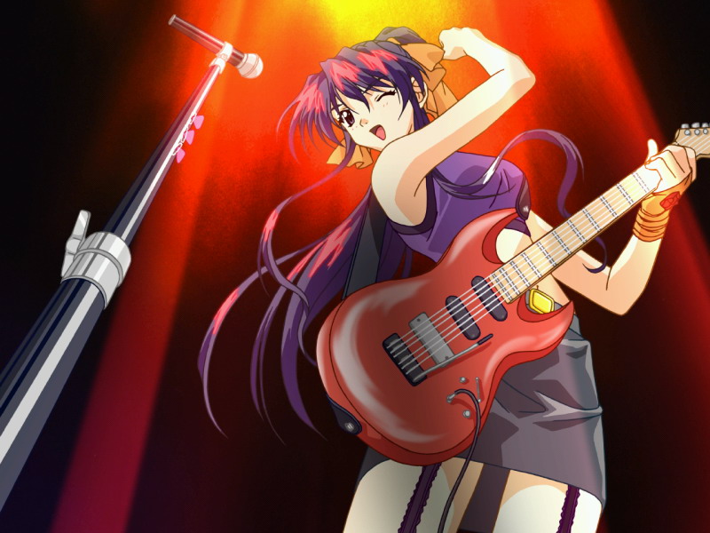 matsuoka chie, sentimental graffiti, 1990s (style), concert, garter straps, guitar, instrument, long hair, microphone, microphone stand, one eye closed, ponytail, retro artstyle, solo, wink