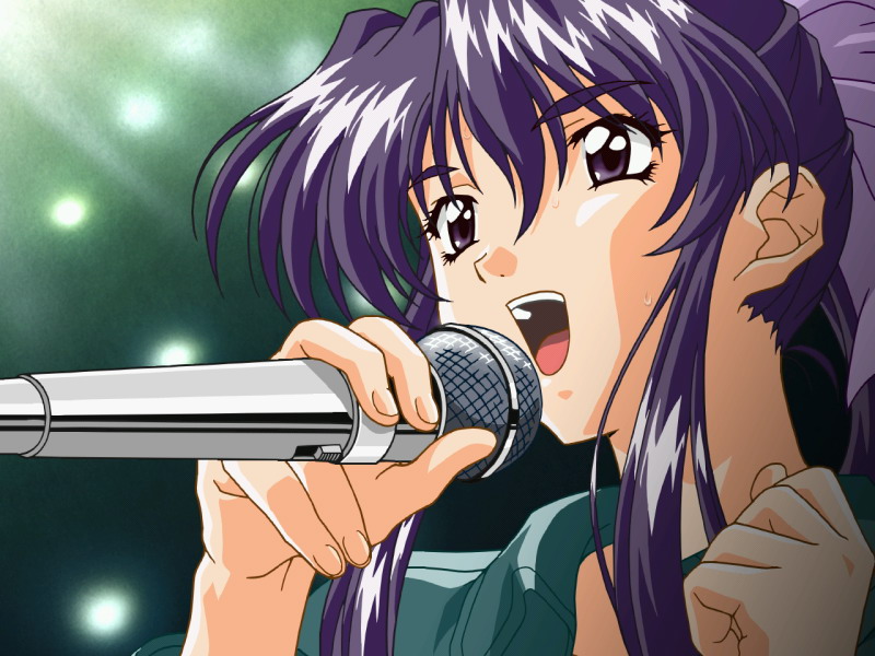 matsuoka chie, sentimental graffiti, 1990s (style), concert, long hair, microphone, music, ponytail, retro artstyle, singing, solo, sweat