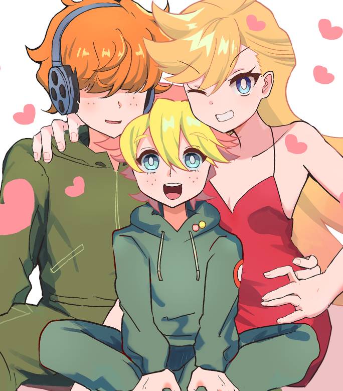 brief (psg), panty (psg), panty & stocking with garterbelt, 1girl, 2boys, blonde hair, blue eyes, couple, dress, family, father and son, freckles, green hoodie, hair over eyes, hch8 atb, headphones, heart, hood, hoodie, junior (psg), looking at viewer, mother and son, multiple boys, orange hair, red dress, smile