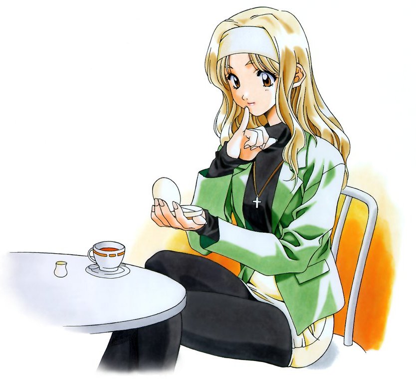 kai tomohisa, endou akira, sentimental graffiti, 1990s (style), 1girl, blonde hair, brown eyes, casual, chair, cross, cup, female focus, headband, jacket, jewelry, makeup, necklace, pantyhose, retro artstyle, sitting, skirt, solo, table, tea, teacup