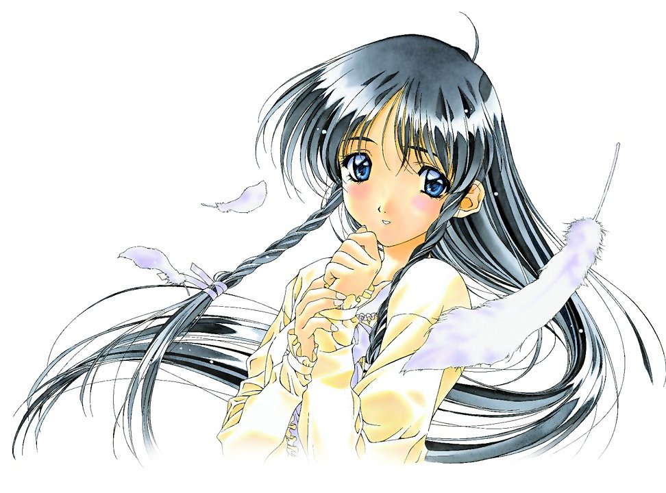 kai tomohisa, sugihara manami, sentimental graffiti, 1990s (style), 1girl, black hair, blue eyes, blush, feathers, female focus, long hair, retro artstyle, solo, very long hair