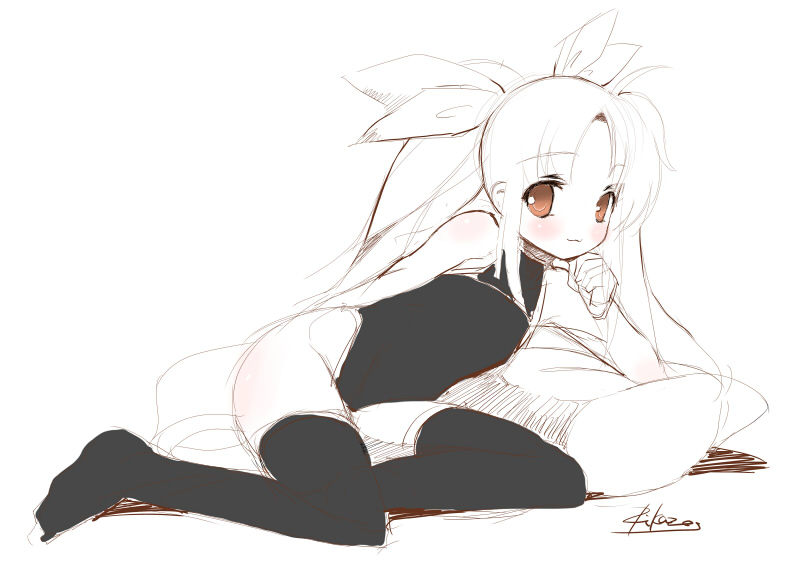 fate testarossa, lyrical nanoha, mahou shoujo lyrical nanoha, 00s, 1girl, blush, female focus, lying, monochrome, orange eyes, signature, solo, spot color, thighhighs
