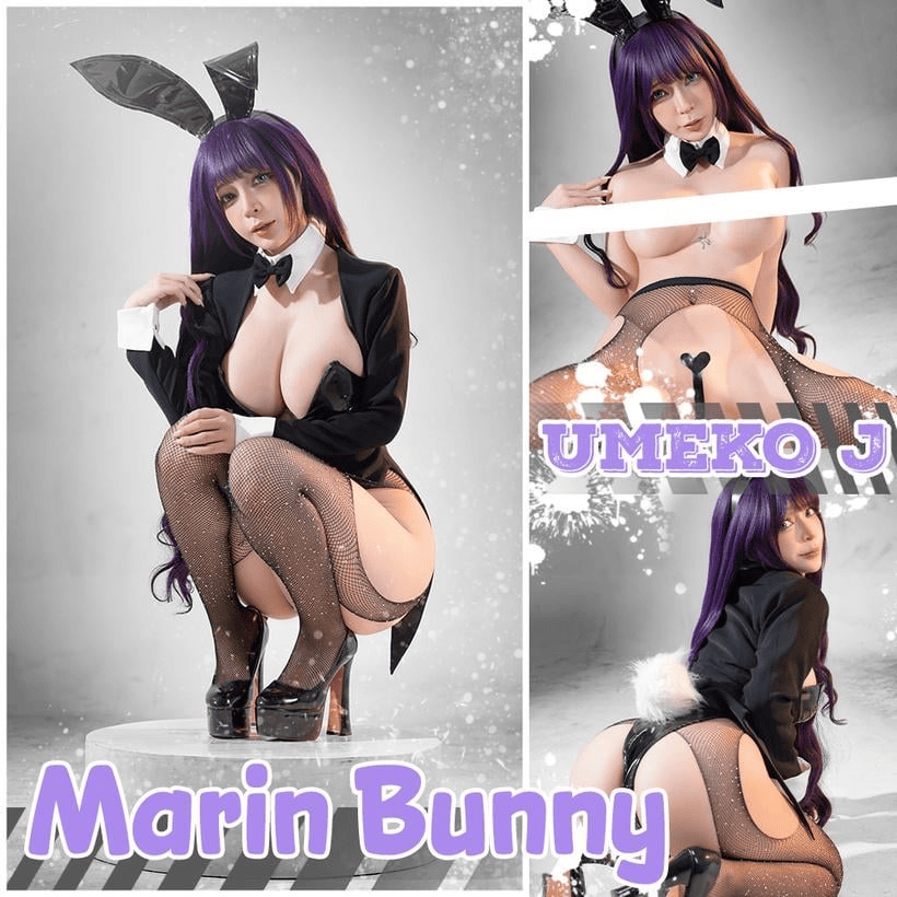 umekojcosplayer, izayoi arisa, kitagawa marin, real life, sono bisque doll wa koi wo suru, cosplay photo, photo (medium), 1girl, animal ears, artist name, ass, black leotard, character name, cosplay, fake animal ears, female focus, huge ass, izayoi arisa (cosplay), kitagawa marin (cosplay), leotard, long hair, multiple views, purple hair, rabbit ears, thighs, vietnamese