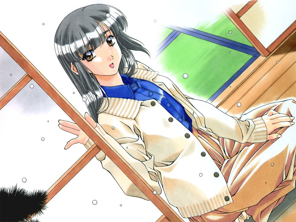 kai tomohisa, ayasaki wakana, sentimental graffiti, 1990s (style), 1girl, :d, black hair, blue shirt, brown eyes, buttons, casual, coat, dutch angle, female focus, fusuma, hand on lap, kneeling, long hair, looking at viewer, open mouth, retro artstyle, shirt, shouji, sliding doors, smile, snow, snowing, solo, tatami