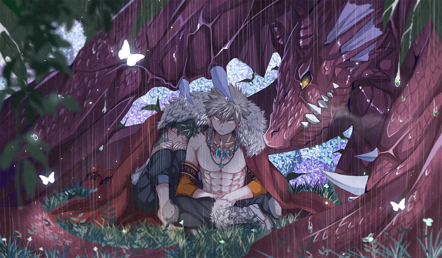 mikan (artist), bakugou katsuki, midoriya izuku, boku no hero academia, 2boys, abs, alternate universe, bead necklace, beads, black pants, blonde hair, boots, bug, butterfly, cloak, closed eyes, detached sleeves, dragon, food, freckles, frown, fruit, full body, fur-trimmed boots, fur-trimmed cloak, fur trim, green hair, grey boots, hair between eyes, hugging own legs, insect, jewelry, looking at another, male focus, multiple boys, multiple necklaces, muscular, muscular male, necklace, orange (fruit), orange slice, outdoors, pants, pectorals, rain, red cloak, shared clothes, sharp teeth, short hair, sitting, spiked hair, teeth, topless male, white butterfly, yellow eyes