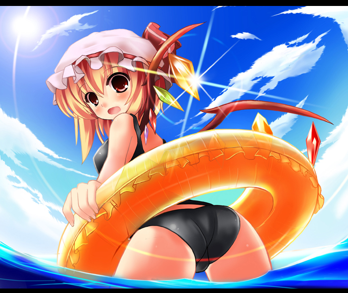 kurume shou, flandre scarlet, touhou, bad id, bad pixiv id, 1girl, ass, blonde hair, blush, cloud, day, female focus, hat, hat ribbon, innertube, lens flare, letterboxed, mob cap, ocean, outdoors, ribbon, sky, solo, sun, swim ring, swimsuit, water, wings