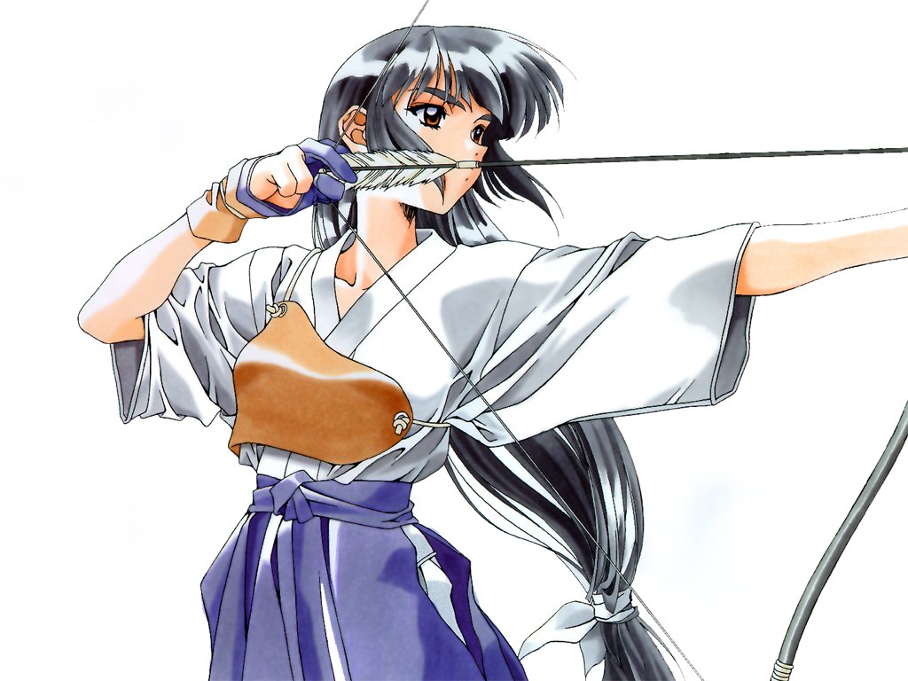 kai tomohisa, ayasaki wakana, sentimental graffiti, 1990s (style), 1girl, archery, arrow (projectile), black hair, blue hakama, bow (weapon), brown eyes, drawing bow, female focus, gloves, hakama, hakama skirt, holding, holding bow (weapon), holding weapon, japanese clothes, kyuudou, long hair, muneate, partially fingerless gloves, partly fingerless gloves, ponytail, retro artstyle, simple background, single glove, skirt, solo, very long hair, weapon, white background, yugake