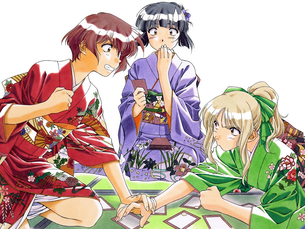 kai tomohisa, endou akira, nanase yuu, sentimental graffiti, 1990s (style), 3girls, angry, card, fighting, holding, holding card, japanese clothes, kimono, multiple girls, sweatdrop, tatami