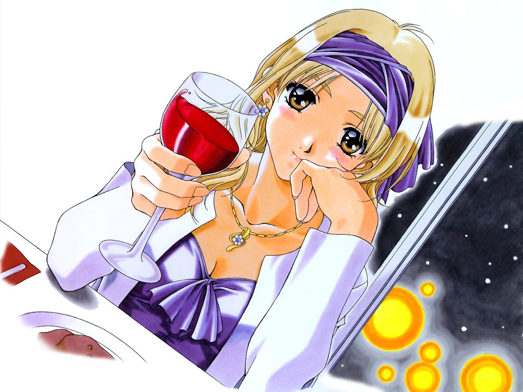 kai tomohisa, endou akira, sentimental graffiti, 1990s (style), 1girl, alcohol, blonde hair, blush, breasts, brown eyes, cleavage, cup, drinking glass, female focus, headband, jewelry, medium breasts, necklace, retro artstyle, solo, wine, wine glass