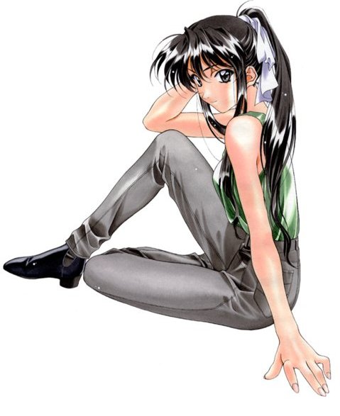 kai tomohisa, matsuoka chie, sentimental graffiti, 1990s (style), 1girl, bare arms, black hair, casual, female focus, long hair, pants, ponytail, retro artstyle, solo