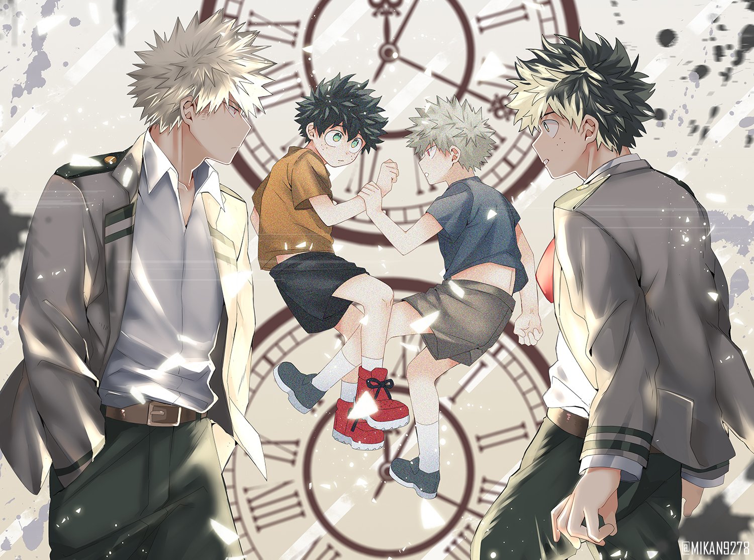 mikan (artist), bakugou katsuki, midoriya izuku, boku no hero academia, 2boys, age progression, belt, black pants, black shoes, black shorts, blonde hair, brown belt, clock, collared shirt, cowboy shot, floating, freckles, green eyes, green hair, grey jacket, grey shirt, grey shorts, hair between eyes, hand in pocket, holding another's wrist, jacket, looking at another, midriff, multiple boys, necktie, orange shirt, pants, parted lips, red eyes, red necktie, red shoes, school uniform, shirt, shoes, short hair, shorts, spiked hair, twitter username, u.a. school uniform, white shirt, yaoi
