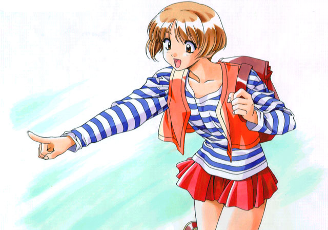 kai tomohisa, tomohisa kai, hoshino asuka, sentimental graffiti, 1990s (style), 1girl, backpack, bag, brown eyes, brown hair, female focus, pointing, randoseru, retro artstyle, shirt, short hair, solo, striped clothes, striped shirt, vest