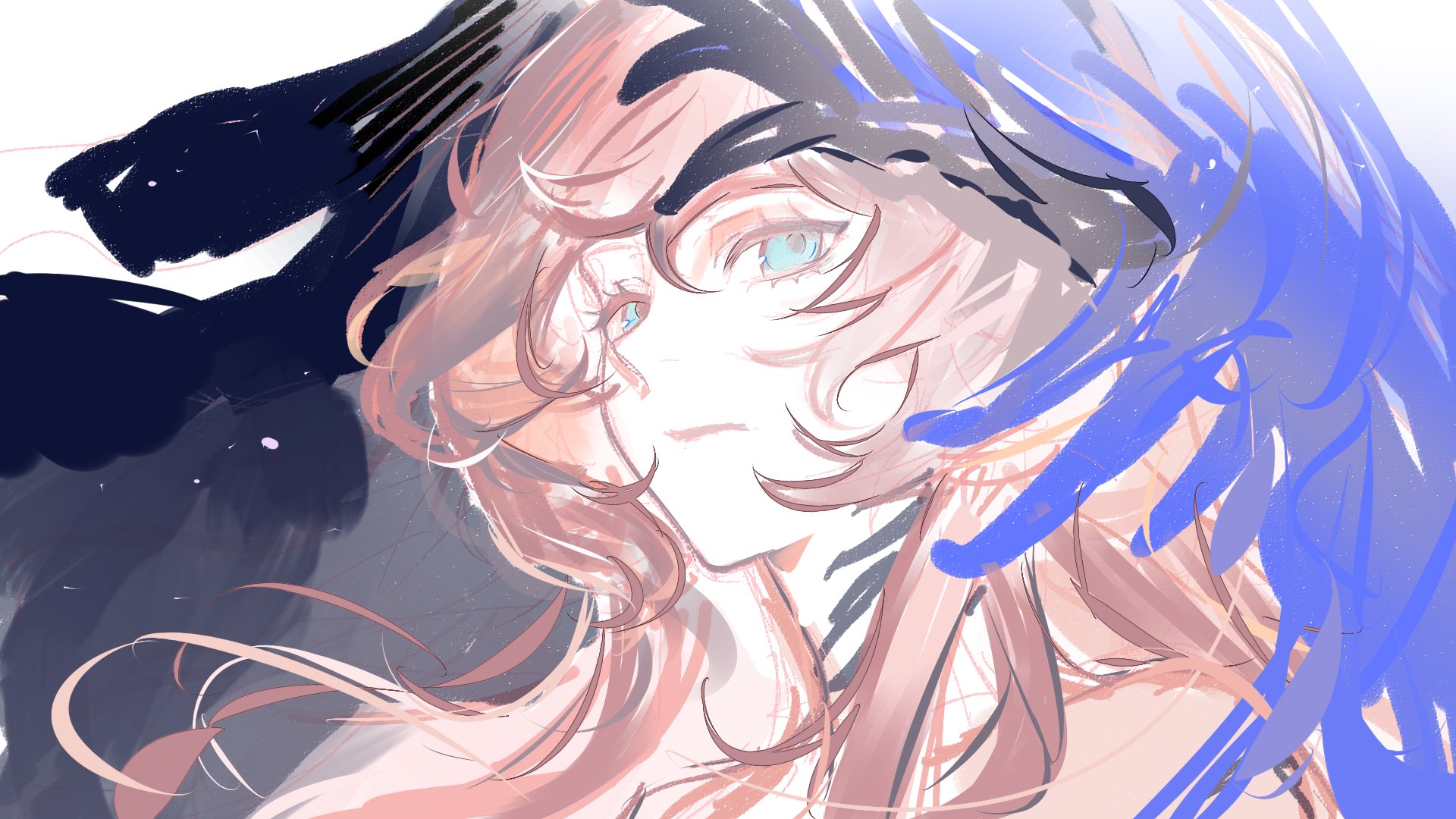 nautika (reverse:1999), reverse:1999, highres, 1girl, black veil, blue eyes, blue veil, bulgogi meal, closed mouth, looking at viewer, pink hair, portrait, sketch, solo, two-tone veil, veil, white background