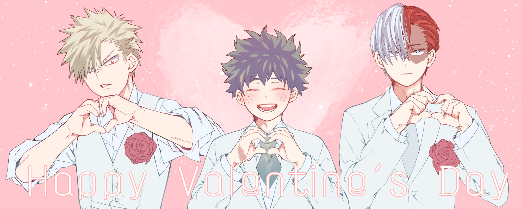 mikan (artist), bakugou katsuki, midoriya izuku, todoroki shoto, boku no hero academia, highres, 3boys, aqua eyes, black necktie, blonde hair, closed mouth, collared shirt, corsage, flower, freckles, furrowed brow, green hair, grey neckerchief, hair between eyes, hair slicked back, happy valentine, heart, heart hands, jacket, male focus, multicolored hair, multiple boys, neckerchief, necktie, open mouth, parted lips, pink background, red eyes, red flower, red hair, red rose, rose, scar, scar across eye, scar on face, shirt, short hair, sleeves rolled up, smile, spiked hair, suit jacket, two-tone hair, upper body, vest, waistcoat, white hair, white jacket, white shirt, white vest