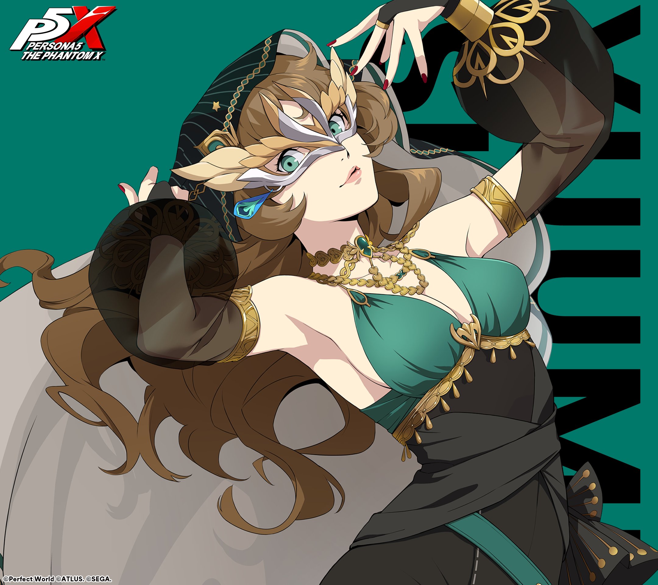 phoebe (p5x), shiina yumi, persona, persona 5, persona 5: the phantom x, artist request, commentary request, highres, official art, second-party source, 1girl, arabian clothes, black sleeves, breasts, brown hair, character name, cleavage, closed mouth, copyright name, detached sleeves, floating hair, green background, green eyes, lips, long hair, looking at viewer, mask, masked, medium breasts, pink lips, see-through clothes, see-through sleeves, simple background, smile, solo