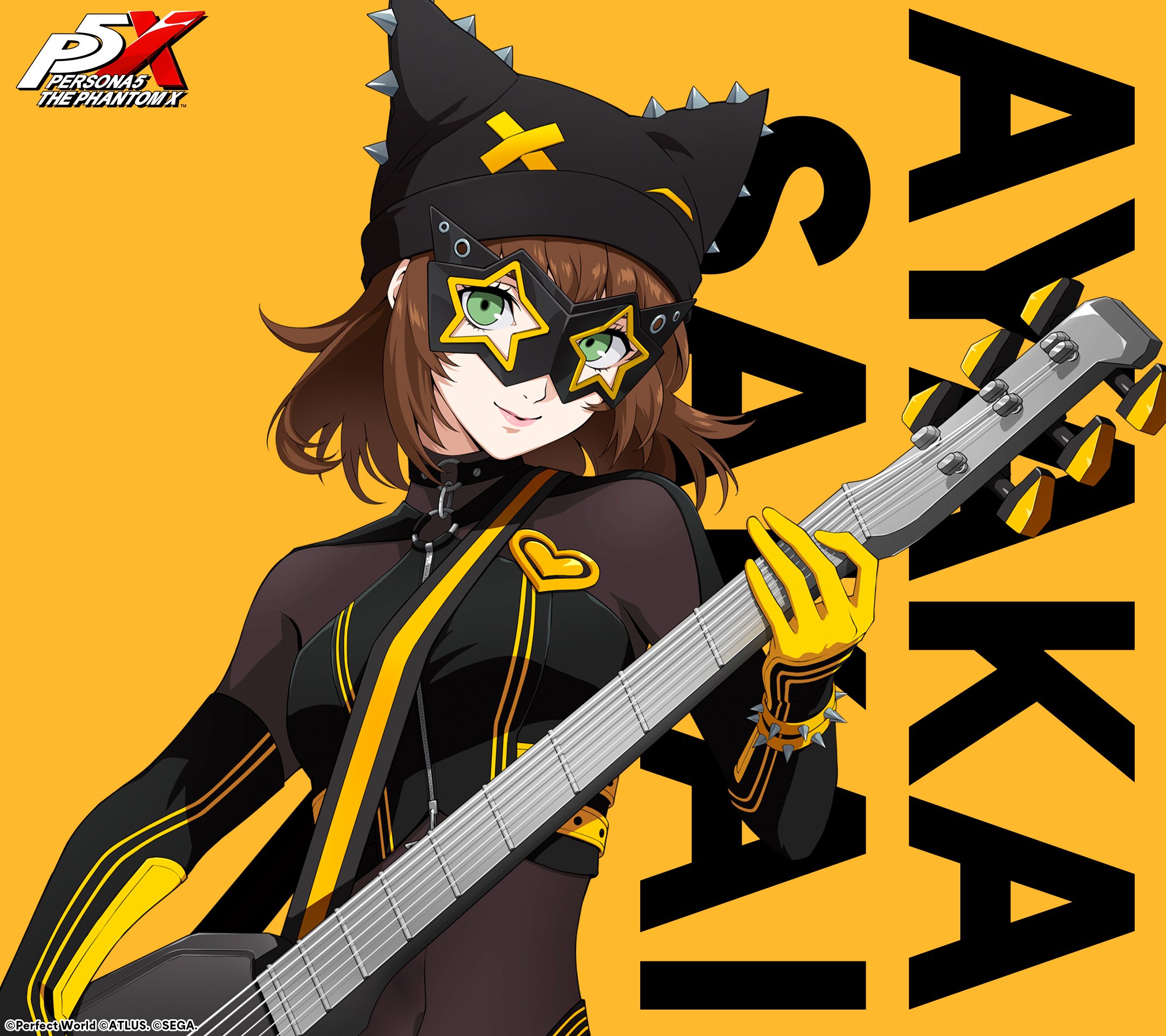 chord (p5x), sakai ayaka, persona, persona 5, persona 5: the phantom x, artist request, commentary request, highres, official art, second-party source, 1girl, black hat, black mask, brown hair, character name, closed mouth, copyright name, covered navel, gloves, green eyes, guitar, hat, holding, holding instrument, instrument, lips, looking at viewer, mask, pink lips, short hair, simple background, smile, solo, yellow background, yellow gloves