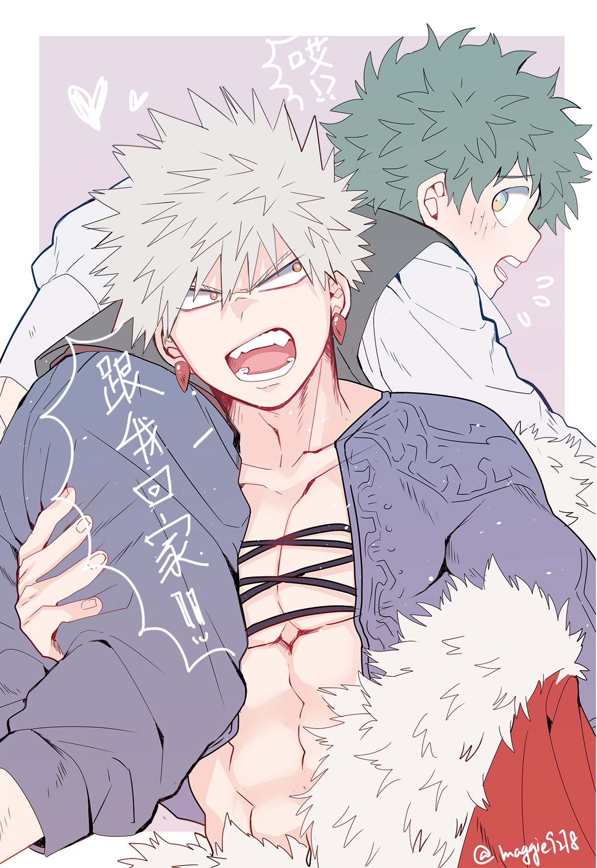 mikan (artist), bakugou katsuki, midoriya izuku, boku no hero academia, highres, 2boys, abs, black jacket, black pants, black vest, blonde hair, blush, border, carrying over shoulder, cloak, collarbone, cropped jacket, earrings, freckles, fur-trimmed cloak, fur trim, furrowed brow, green eyes, green hair, grey background, hair between eyes, jacket, jewelry, male focus, midriff, multiple boys, muscular, muscular male, open mouth, pants, pectorals, red cloak, red eyes, shirt, short hair, shouting, spiked hair, twitter username, upper body, vest, white border, white shirt, yaoi