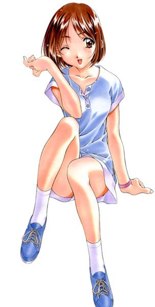 kai tomohisa, tomohisa kai, yamamoto rurika, sentimental graffiti, 1990s (style), 1girl, brown eyes, brown hair, casual, female focus, legs, one eye closed, retro artstyle, short hair, solo, wink