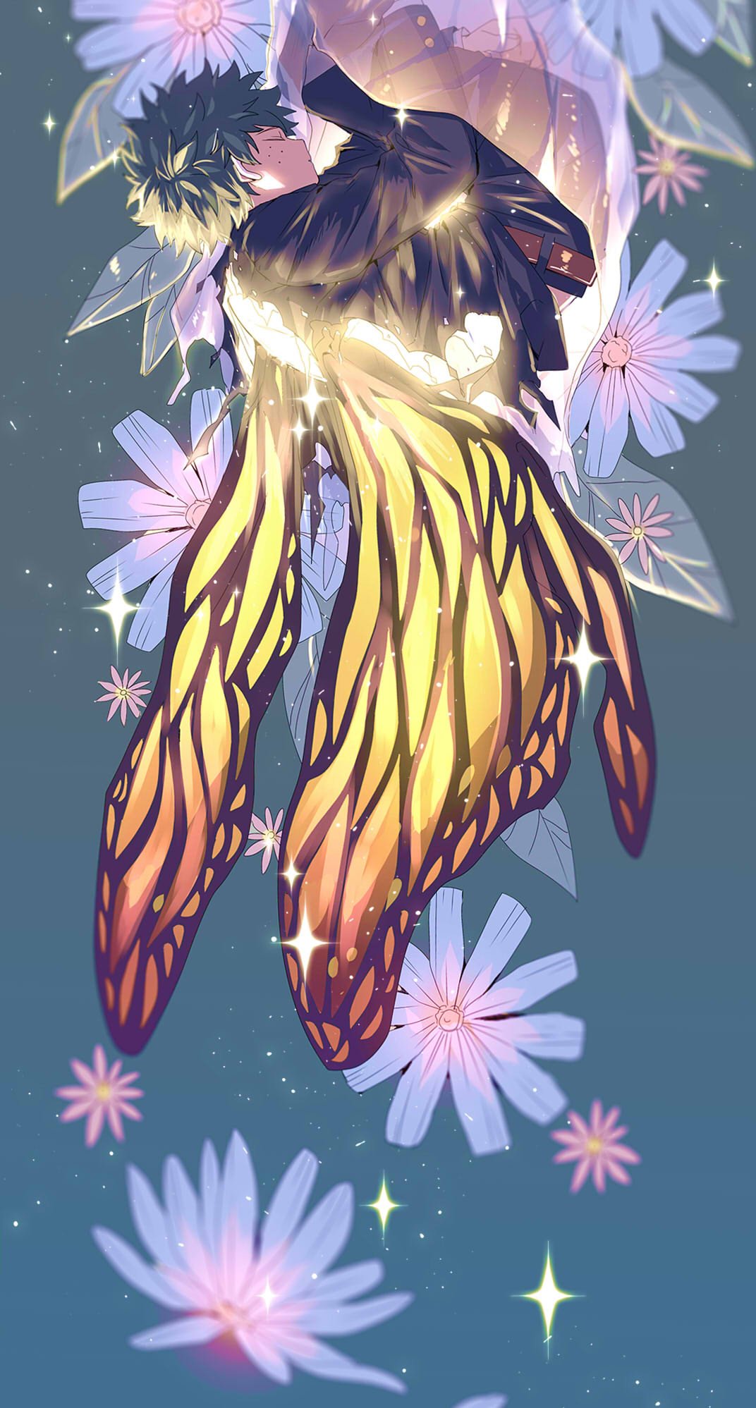 mikan (artist), midoriya izuku, boku no hero academia, highres, 1boy, black jacket, black pants, blue flower, butterfly wings, chrysalis (butterfly), closed eyes, flower, freckles, green hair, grey background, hair between eyes, hugging own legs, insect wings, jacket, male focus, midriff peek, pants, short hair, solo, sparkle, wings