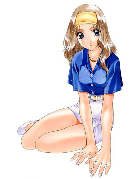 kai tomohisa, tomohisa kai, endou akira, sentimental graffiti, 1990s (style), 1girl, blue eyes, casual, female focus, headband, jewelry, necklace, retro artstyle, skirt, solo