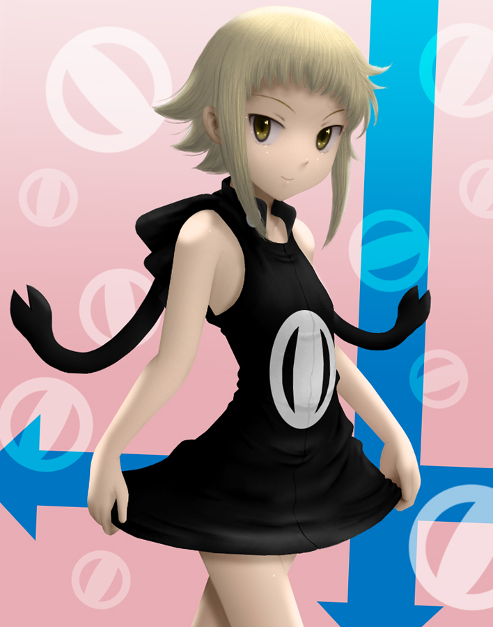 siraha, medusa gorgon, rachel boyd, soul eater, bad id, bad pixiv id, 00s, 1girl, arrow (symbol), blonde hair, corruption, cosplay, dark persona, dress, female focus, flat chest, medusa gorgon (cosplay), no lineart, official alternate costume, official alternate hair color, possessed, possession, short hair, smile, solo, yellow eyes