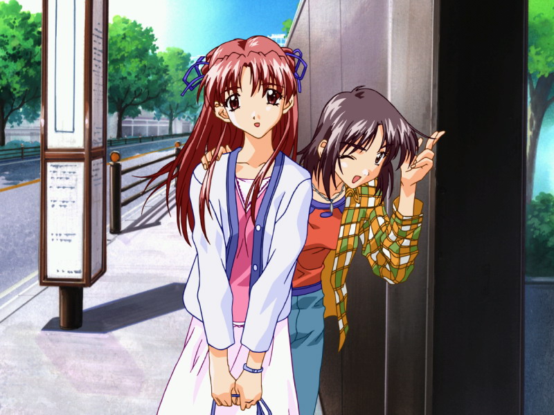 sentimental graffiti, 1990s (style), 2girls, black hair, bracelet, brown eyes, casual, collarbone, denim, hand on another's shoulder, hand up, holding, jacket, jeans, jewelry, long hair, long sleeves, multiple girls, one eye closed, open mouth, outdoors, pants, pink shirt, red shirt, retro artstyle, road, shirt, short hair, skirt, tree, white jacket, white skirt, wink