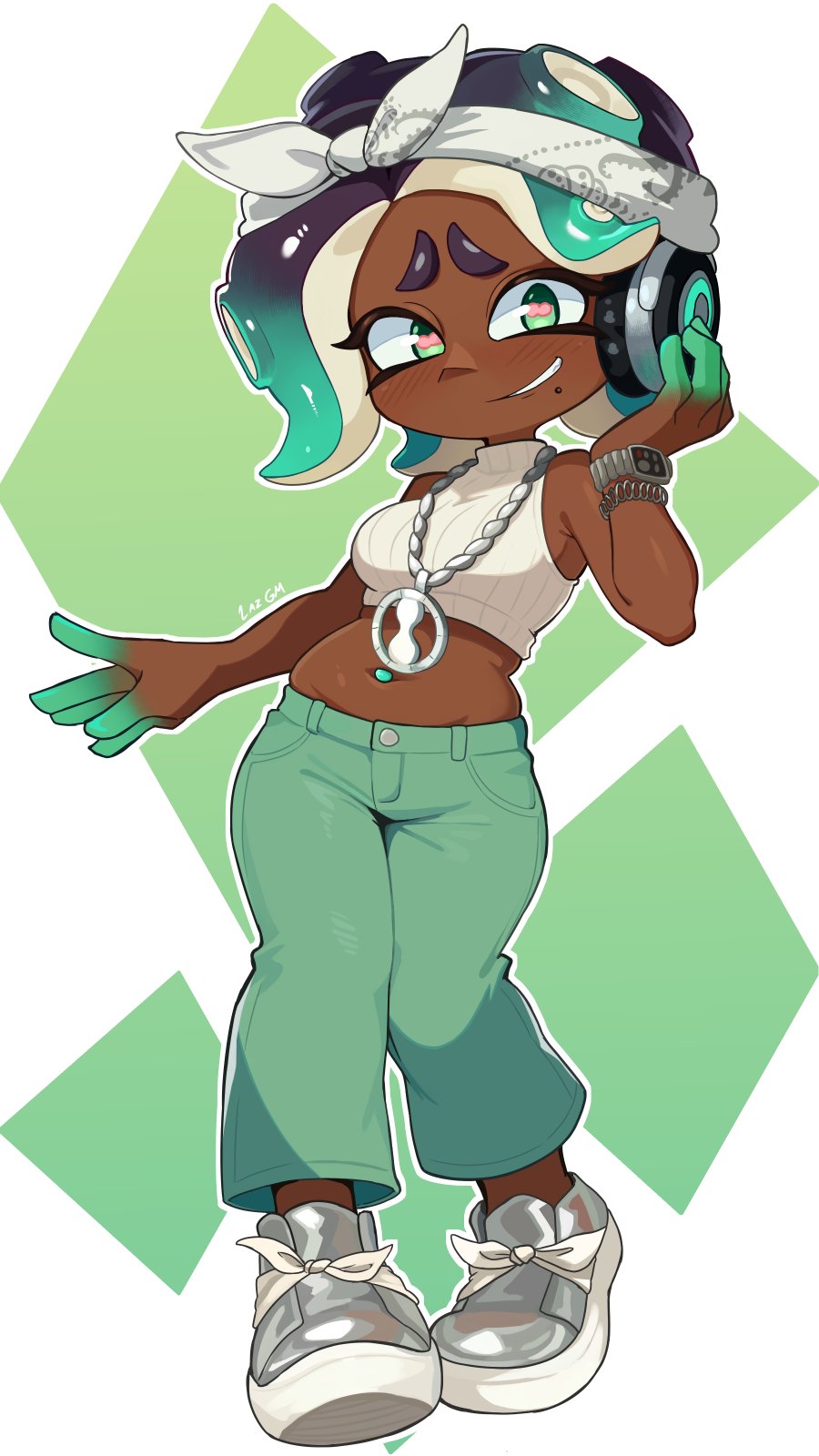 laz gm, nintendo, splatoon (series), splatoon 2, 1girl, belly, crop top, dark-skinned female, dark skin, gradient hair, green eyes, green pants, grey shoes, headphones, jewelry, mole, mole under mouth, multicolored hair, navel, navel piercing, pants, pendant, piercing, shoes, short hair, solo