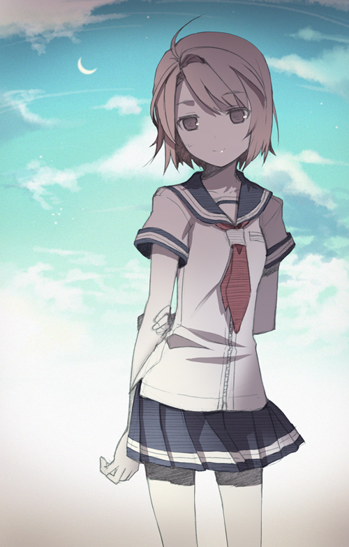 h2so4, original, bad id, bad pixiv id, brown eyes, brown hair, moon, school uniform, serafuku, short hair, skirt, sky, smile, solo