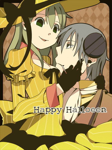 hishiki, franken stein (soul eater), maka albarn, soul eater, silver hair, striped, bad id, bad pixiv id, lowres, 00s, 1boy, 1girl, blonde hair, cigarette, dress, gloves, green eyes, hat, long hair, short hair, smoking