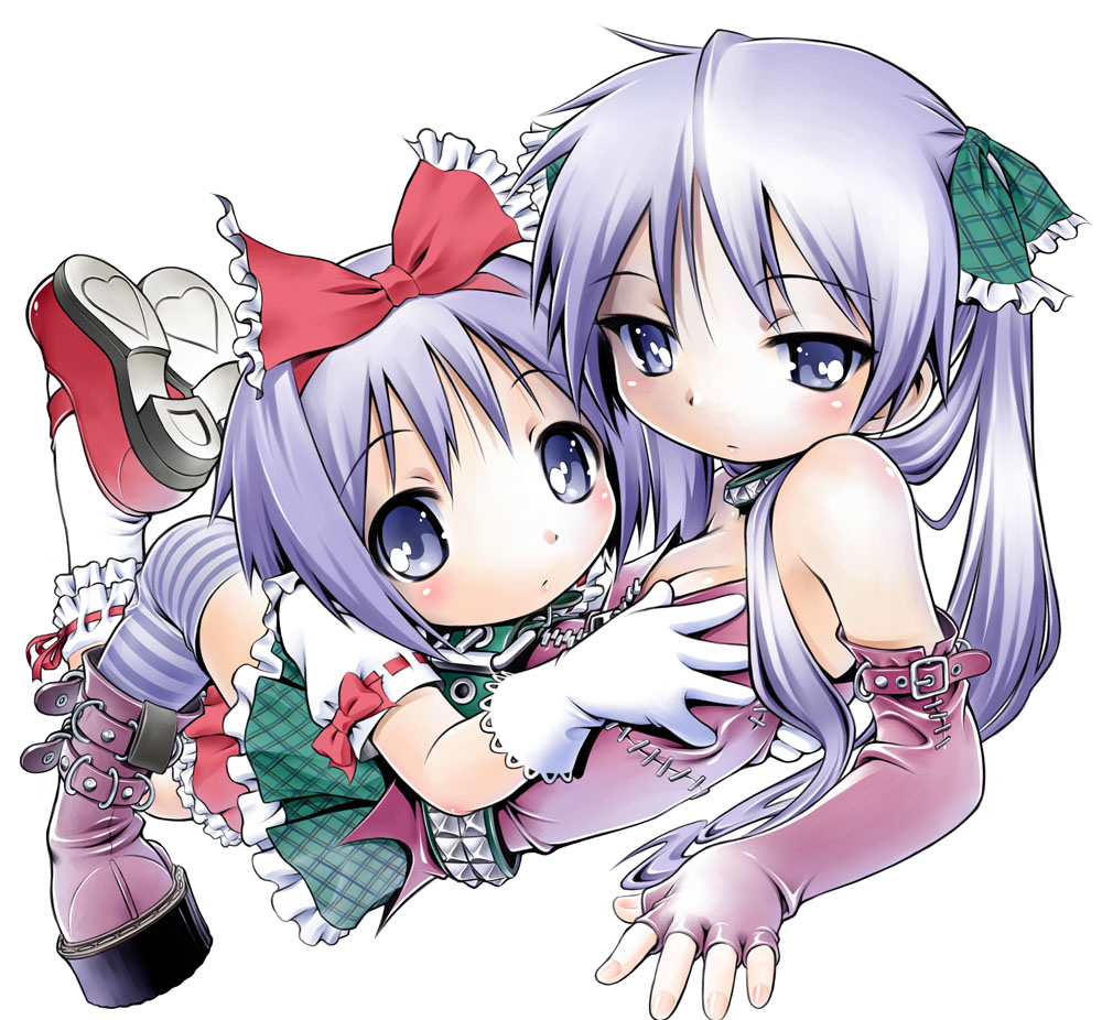 sekihan, hiiragi kagami, hiiragi tsukasa, lucky star, platform footwear, striped legwear, bad id, bad pixiv id, 00s, 2girls, blush, bow, breasts, collar, elbow gloves, fashion, fingerless gloves, frills, gloves, gothic lolita, grabbing another's breast, groping, hug, lolita fashion, long hair, lying, multiple girls, platform heels, punk lolita, purple eyes, purple hair, short hair, siblings, sisters, skirt, small breasts, spiked collar, spikes, striped clothes, striped thighhighs, thighhighs, twintails
