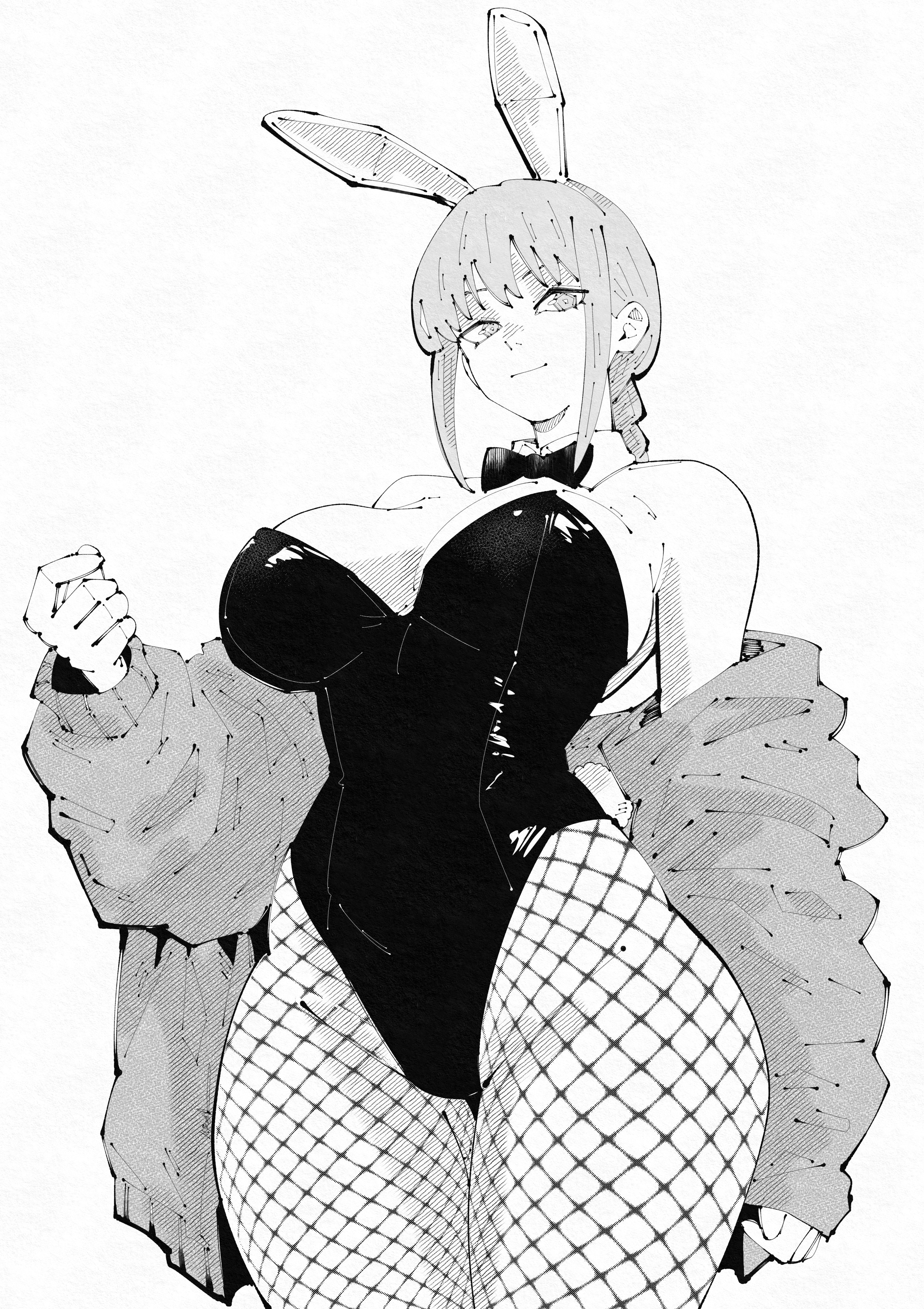 miregeist, makima (chainsaw man), chainsaw man, absurdres, highres, 1girl, alternate costume, animal ears, bow, bowtie, breasts, closed mouth, detached collar, fake animal ears, fake tail, fishnet pantyhose, fishnets, greyscale, highleg, highleg leotard, huge breasts, jacket, leotard, monochrome, pantyhose, playboy bunny, rabbit ears, rabbit tail, solo, strapless, strapless leotard, tail