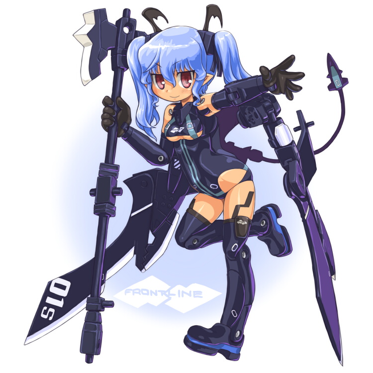 dd (ijigendd), valona, busou shinki, bad id, bad pixiv id, 10s, axe, blue hair, doll joints, joints, mecha musume, red eyes, smile, solo, thighhighs, varona, weapon, wings