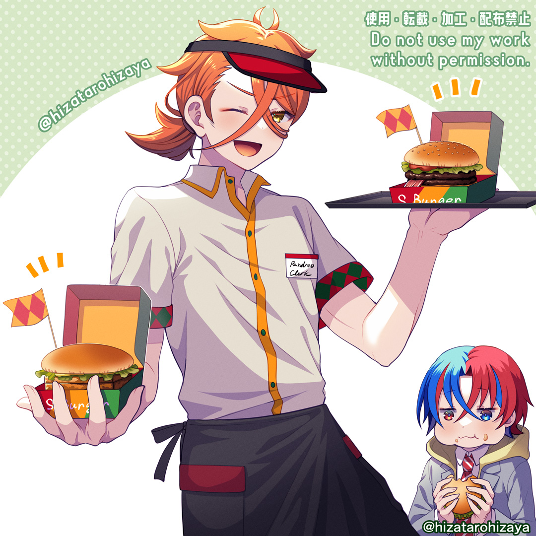 hizatarohizaya, male alear (fire emblem), pandreo (fire emblem), fire emblem, fire emblem engage, nintendo, 2boys, alternate costume, blue eyes, blue hair, burger, employee uniform, fast food uniform, food, multiple boys, open mouth, orange hair, red hair, visor cap, yellow eyes