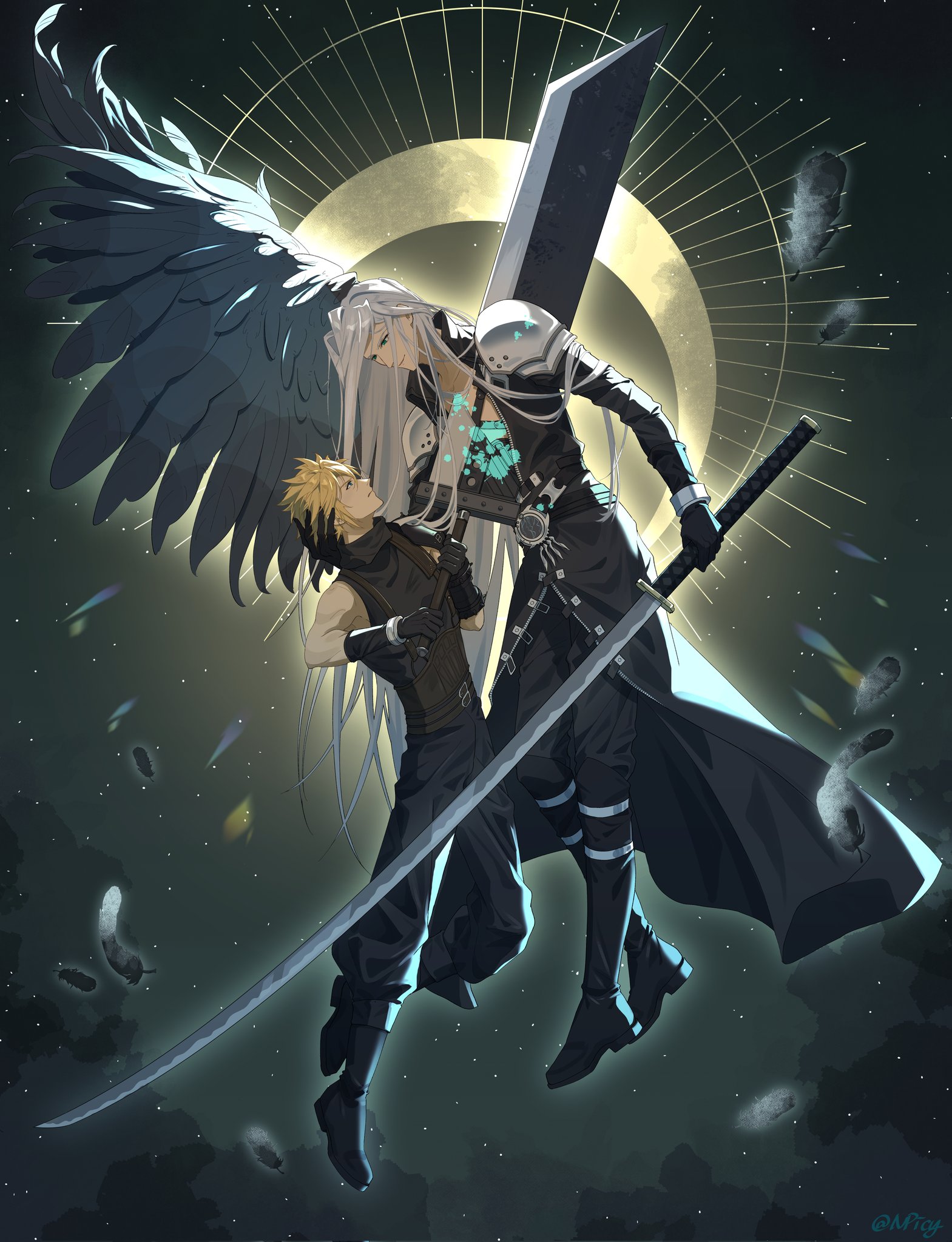 npicy, cloud strife, sephiroth, final fantasy, final fantasy vii, final fantasy vii rebirth, final fantasy vii remake, highres, 2boys, armor, baggy pants, bangle, belt, belt buckle, black boots, black coat, black feathers, black gloves, black pants, black wings, blonde hair, boots, bracelet, brown belt, buckle, buster sword, chest strap, coat, falling feathers, feathers, full body, gloves, grey hair, hand in another's hair, holding, holding sword, holding weapon, jewelry, long coat, long hair, male focus, masamune (ff7), multiple belts, multiple boys, pants, parted bangs, pauldrons, short hair, shoulder armor, single bare shoulder, single pauldron, single wing, sleeveless, sleeveless turtleneck, spiked hair, stab, suspenders, sword, turtleneck, twitter username, weapon, wings, yaoi