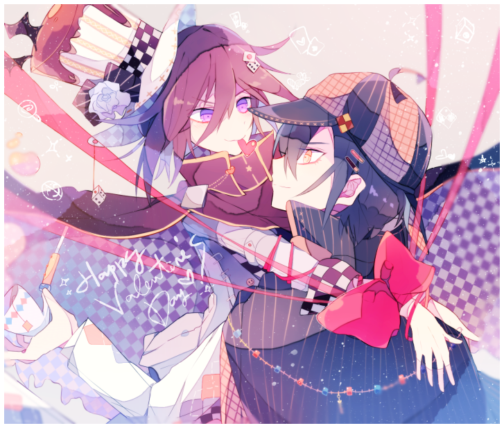 sakura (fein5862817), oma kokichi, saihara shuichi, danganronpa (series), danganronpa v3: killing harmony, commentary, commentary request, english commentary, mixed-language commentary, 2boys, ace (playing card), ace of hearts, adapted costume, ahoge, arm up, arms around neck, belt, black bow, black capelet, black cloak, black hair, border, bound, bound wrists, bow, buttons, capelet, card, checkered clothes, checkered hat, cloak, closed mouth, collared capelet, collared cloak, cowboy shot, cup, deerstalker, dice hair ornament, english text, floating cape, flower, food, food-themed hair ornament, grey background, hair between eyes, hair ornament, hair through headwear, hairclip, happy valentine, hat, hat bow, hat flower, heart, high collar, holding, holding cup, holding heart, icing, jacket, layered sleeves, light particles, long hair between eyes, long sleeves, looking at another, male focus, mouth hold, multiple boys, outstretched arm, parallel hairclips, pinstripe capelet, playing card, pocky, pointy nose, purple cloak, purple eyes, purple hair, red bow, red ribbon, ribbon, rose, screwdriver, short hair, smile, sparkle, striped bow, striped clothes, striped headwear, tea, teabag, teacup, top hat, two-sided cloak, two-sided fabric, two-sided headwear, unmoving pattern, upper body, valentine, vertical-striped clothes, vertical-striped headwear, white belt, white border, white flower, white hat, white jacket, white rose, yaoi, yellow eyes