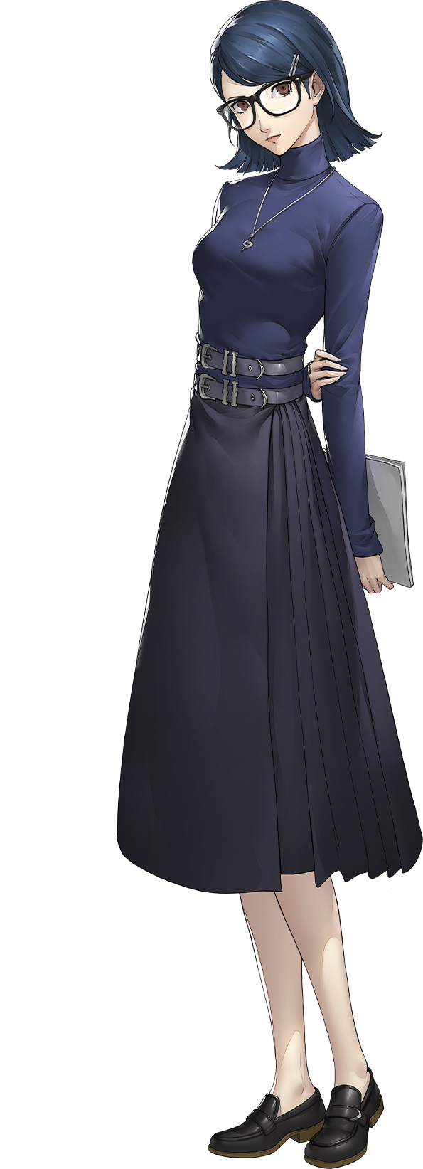 katayama kumi, persona, persona 5, persona 5: the phantom x, artist request, highres, official art, third-party source, 1girl, arms behind back, belt, belt buckle, black-framed eyewear, black hair, black shoes, black skirt, black sweater, brown eyes, buckle, closed mouth, full body, glasses, grey belt, head tilt, holding, jewelry, lips, looking at viewer, multiple belts, necklace, pink lips, shoes, short hair, skirt, sleeves past wrists, smile, solo, sweater, swept bangs, transparent background, turtleneck, turtleneck sweater