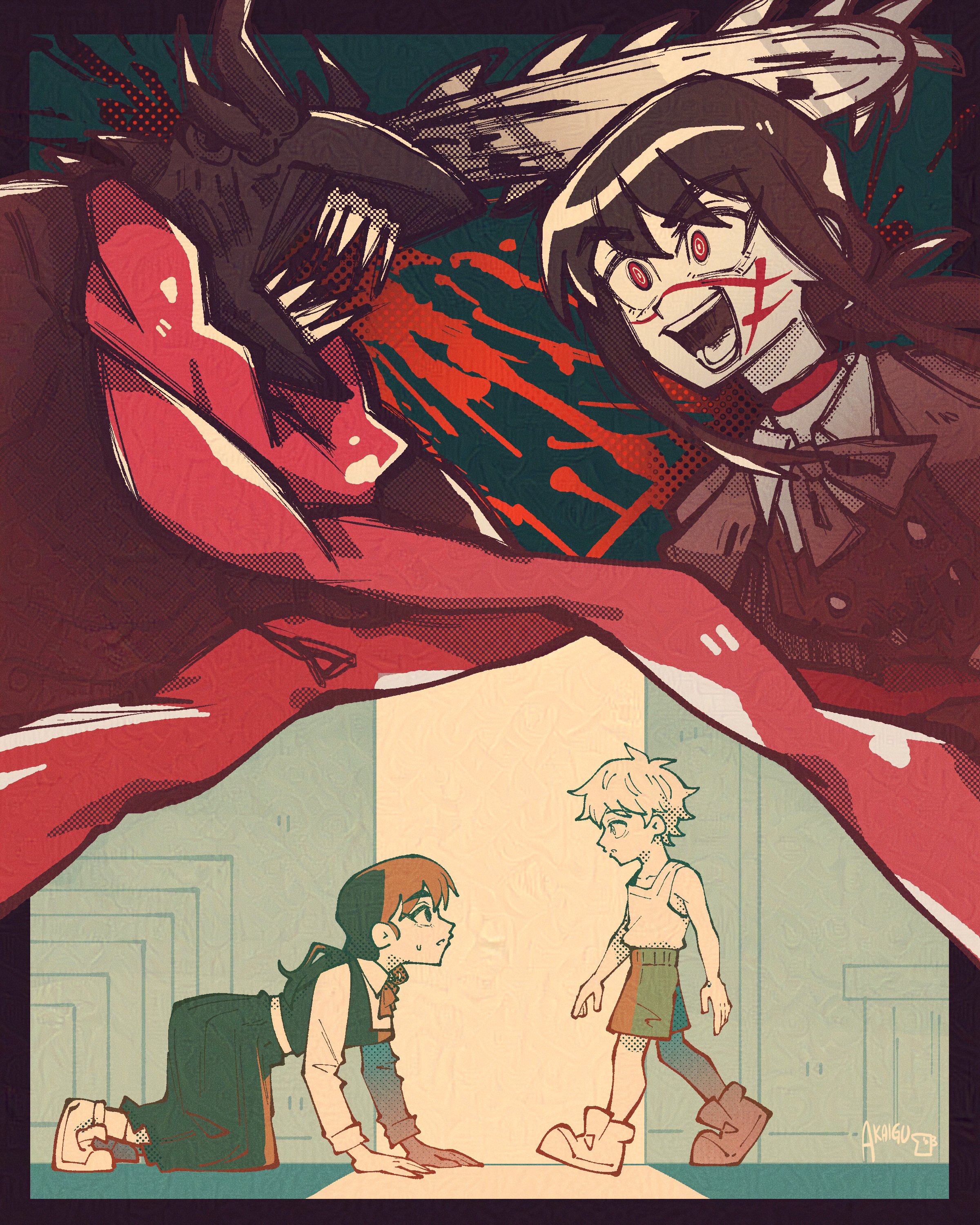 akaiguarts, chainsaw devil, denji (chainsaw man), mitaka asa, yoru (chainsaw man), chainsaw man, absurdres, adversarial noise, highres, 2boys, 2girls, aged down, all fours, black cloak, black dress, black hair, blood, chainsaw, cloak, dress, facial scar, fourth east high school uniform, grey shorts, intestine clothing, long hair, multiple boys, multiple girls, open mouth, pinafore dress, red eyes, scar, scar on cheek, scar on face, scar on nose, school uniform, severed head, sharp teeth, shorts, sleeveless, sleeveless dress, tank top, teeth, white tank top