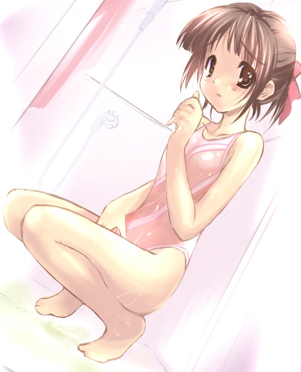 1girl, barefoot, bath, brown eyes, brown hair, female focus, flat chest, leotard, one-piece swimsuit, ponytail, ribbon, scared, showering, solo, spandex, squatting, swimsuit, wet