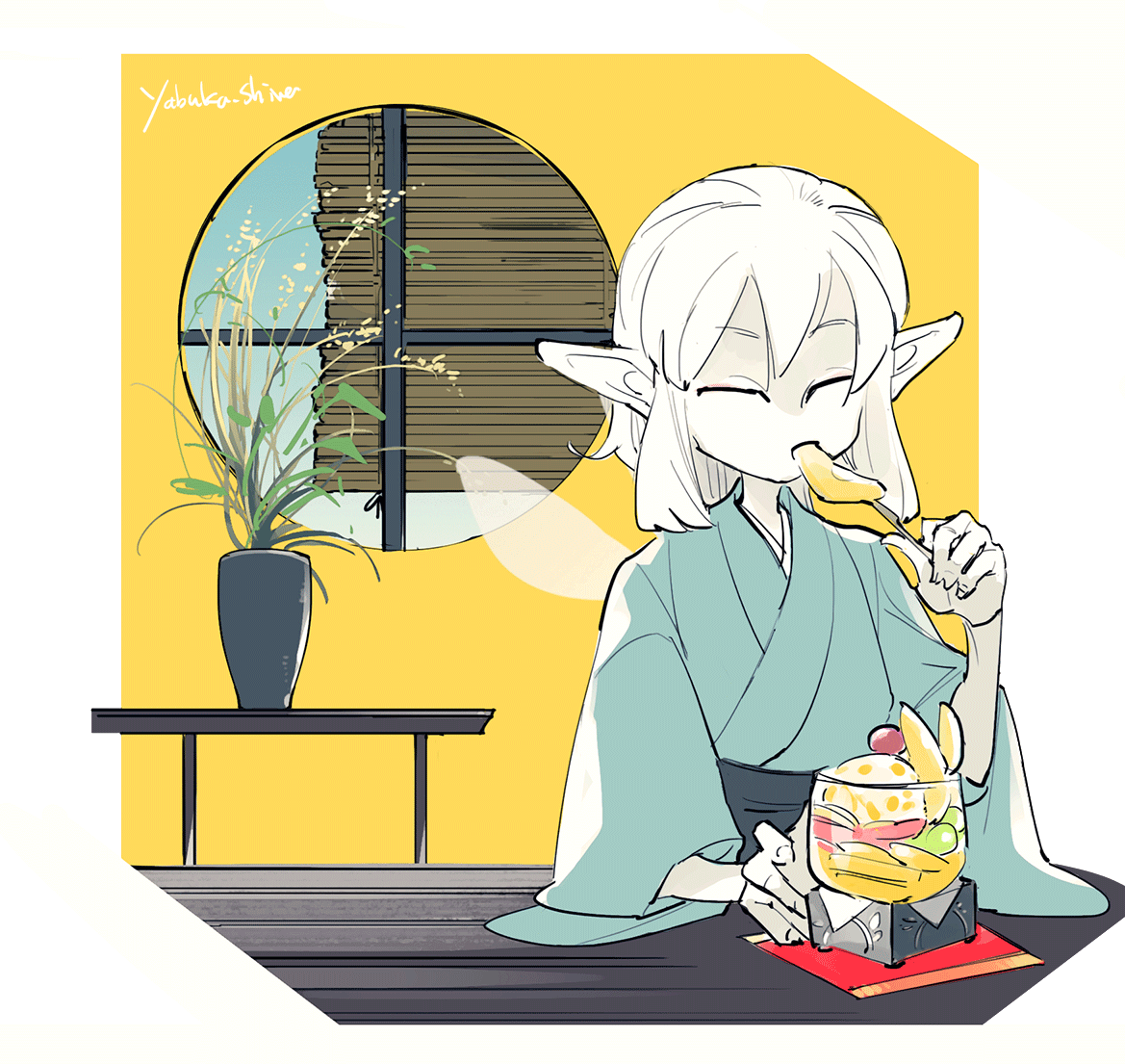 yabuka shiwa, final fantasy, final fantasy xiv, aqua kimono, closed eyes, dessert, eating, food, fruit, japanese clothes, kimono, medium hair, plant, pointy ears, potted plant, solo, table, vase, wide sleeves, wooden table